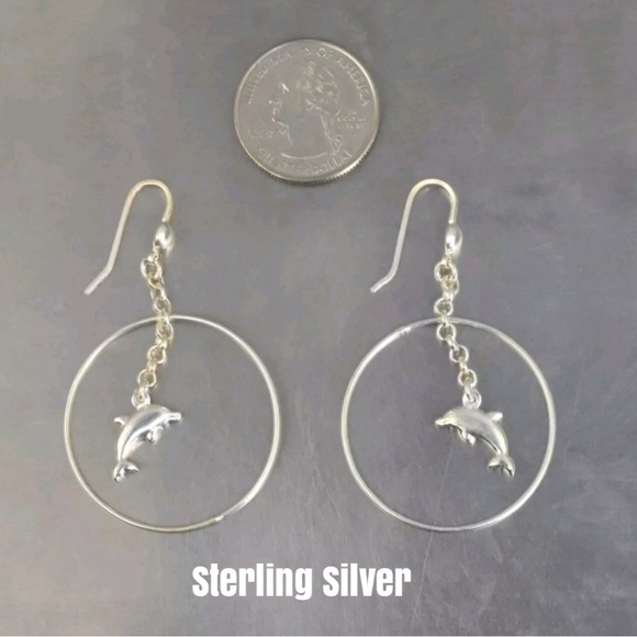 Dolphin Hoop dangle earrings in Sterling Silver - Picture 1 of 4